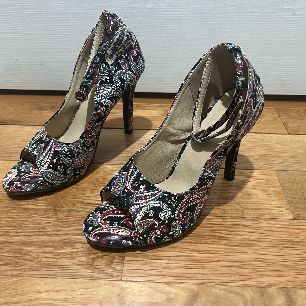 Paisley Print Peep Toe Heels